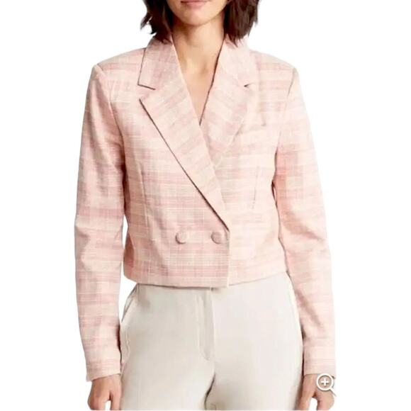 7 FOR ALL MANKIND Mauve Cropped Double Breasted Blazer Plaid Wide Notch Large - Picture 1 of 11